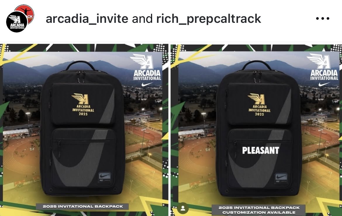 PrepCalTrack's tweet photo. Arcadia Invitational backpack customization options, for those athletes eligible to receive the backpack, is now available for a limited time! Deadline to order is Monday night! ⬇️

https://t.co/HNPHEFTAXk https://t.co/xvE6wRQVQh