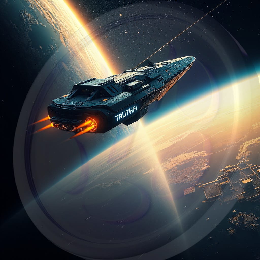A spaceship labeled "TRUTHFI" launching from Decentralized Space, leaving behind "Regulation Earth" 👀