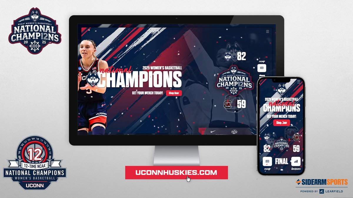 SIDEARM Sports (@sidearmsports) on Twitter photo Congratulations to the <a href="/UConnHuskies/">UConn Huskies</a> & <a href="/UConnWBB/">UConn Womenβs Basketball</a> on their 12th national championship! π
Celebrate the historic title run through their digital championship experience: bit.ly/42cA2zT Congratulations to the <a href="/UConnHuskies/">UConn Huskies</a> & <a href="/UConnWBB/">UConn Womenβs Basketball</a> on their 12th national championship! π
Celebrate the historic title run through their digital championship experience: bit.ly/42cA2zT