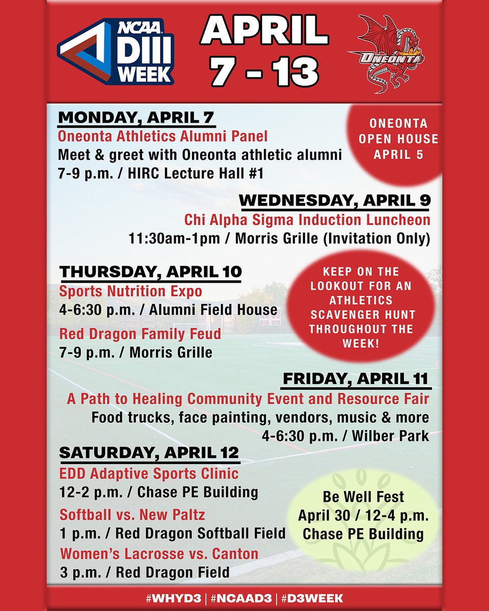 Oneonta Red Dragons (@reddragonsports) on Twitter photo NCAA Division III Week kicks off tomorrow! We have plenty of events to attend and are excited to celebrate our SUNY Oneonta student-athletes! #HereWeGoO #WhyD3 #NCAAD3 #D3Week <a href="/SUNY_Oneonta/">SUNY Oneonta</a> NCAA Division III Week kicks off tomorrow! We have plenty of events to attend and are excited to celebrate our SUNY Oneonta student-athletes! #HereWeGoO #WhyD3 #NCAAD3 #D3Week <a href="/SUNY_Oneonta/">SUNY Oneonta</a>
