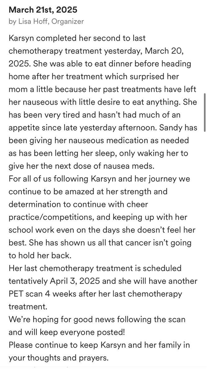 Karsyn just completed her last chemotherapy treatment the other day!