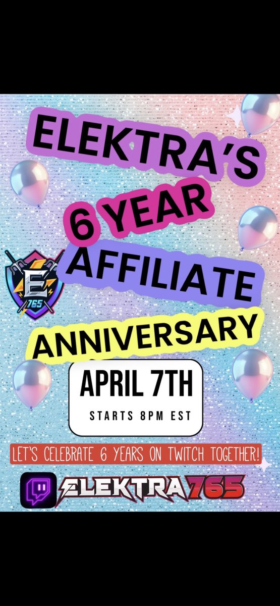 Come celebrate my 6 year Affiliate Anniversary with me!! 6 hour Stream however subs and bits can increase the stream time (capped at 24 hours). See you guys tomorrow 💜🥳