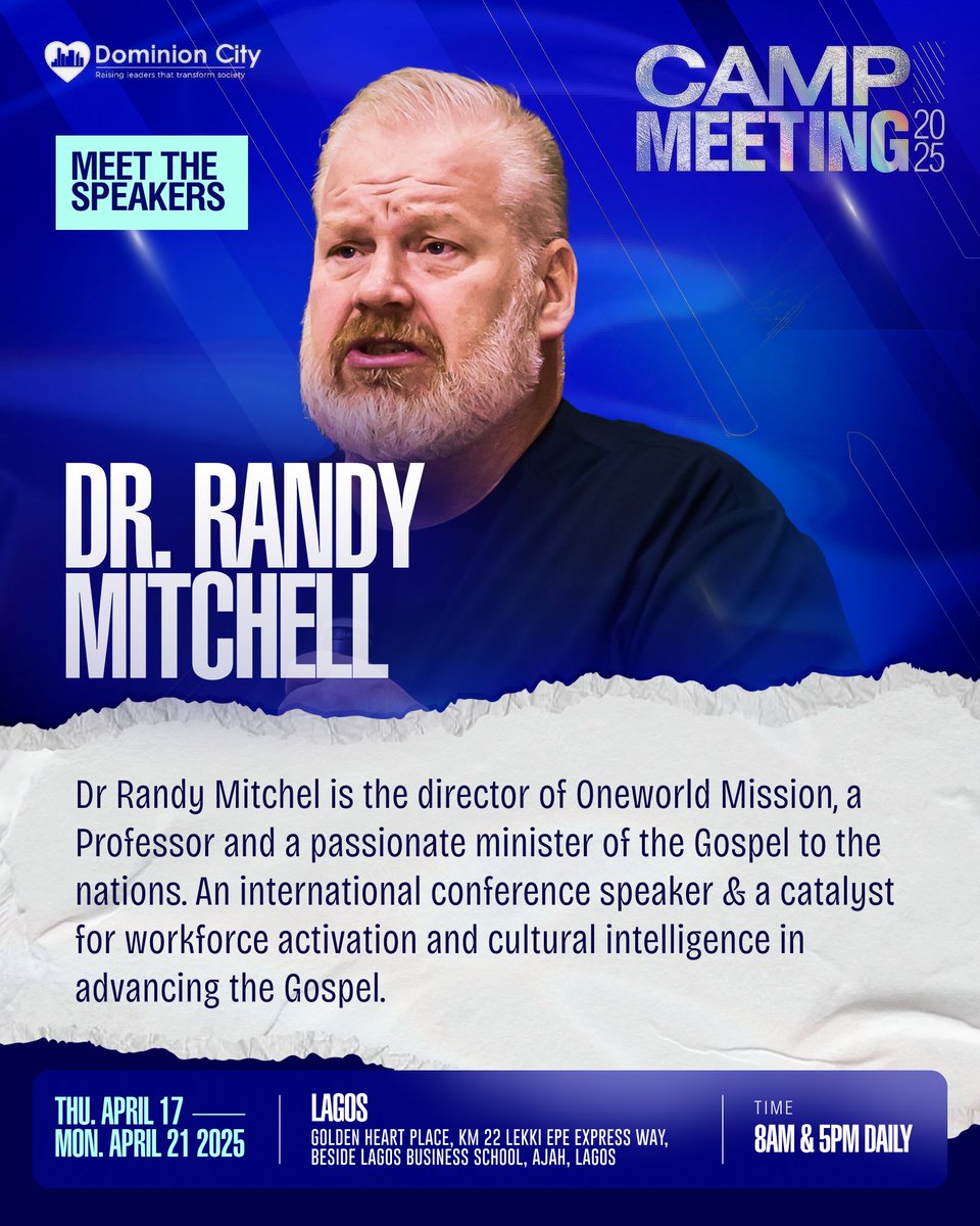 pstdavidogbueli's tweet photo. Get ready to be ignited!

Dr. Randy Mitchell, international conference speaker, professor, and passionate Gospel minister is set to light up Camp Meeting 2025 with powerful insights on workforce activation and advancing the Gospel.

#dccampmeeting2025 https://t.co/1Knb7mopbY