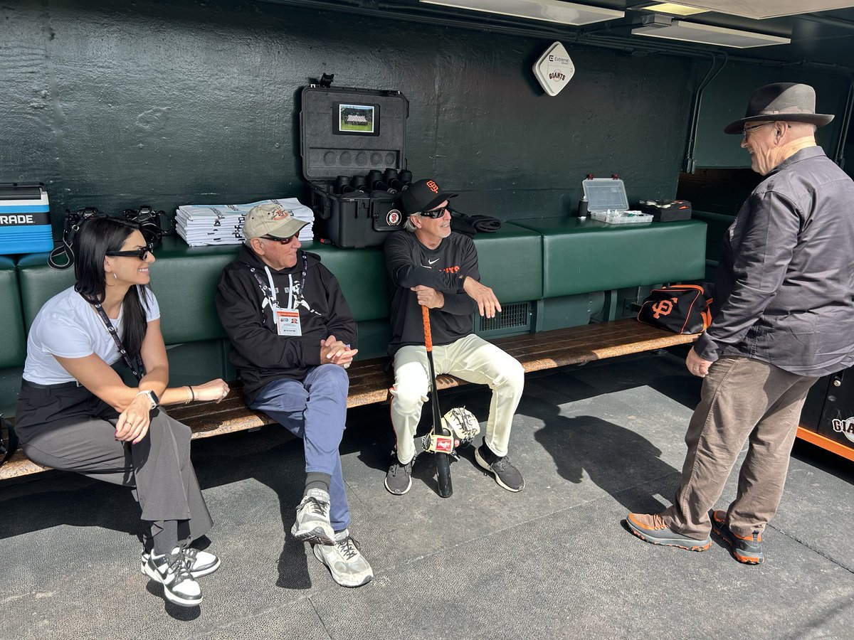 baseballmarty's tweet photo. Best part of the morning sitting in the dugout with ⁦@SandraSFGiants⁩ ⁦@RWotus⁩ listening to Jon Miller tell a story..priceless https://t.co/j00oLJ3CpP