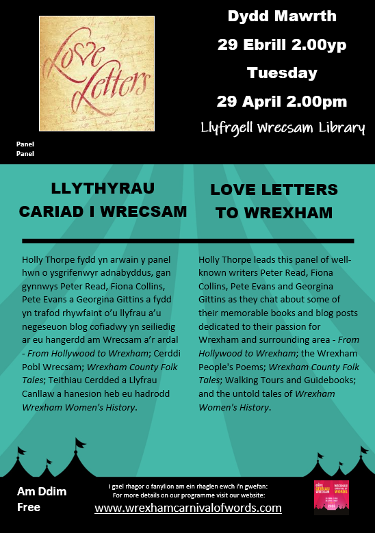 A panel of writers chat about memorable books and blog posts dedicated to their passion for #wrexham &amp;  area. #LoveLetterstoWrexham. Reserve 
 your free ticket @WxmLibraries 01978 292090 wrexhamcarnivalofwords.com/love-letters-t…