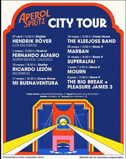 C. Ultrasónicos (@ultrasonicos1) on Twitter photo Con <a href="/HendrikRoever/">Hendrik Röver</a> comenzará el domingo 27 de abril el Aperol Spritz City Tour que recorrerá varias salas de #Bilbao hasta comienzos de junio. Estarán bandas como <a href="/RicardoLezon/">Ricardo Lezón</a>, <a href="/OHMOURN/">MOURN</a> o <a href="/FernandoAlfaroX/">Fernando Alfaro</a>, <a href="/superalfamusic/">SuperAlfa!</a> o <a href="/TheKleejossBand/">The Kleejoss Band</a> entre otros.
lc.cx/4l1PXI Con <a href="/HendrikRoever/">Hendrik Röver</a> comenzará el domingo 27 de abril el Aperol Spritz City Tour que recorrerá varias salas de #Bilbao hasta comienzos de junio. Estarán bandas como <a href="/RicardoLezon/">Ricardo Lezón</a>, <a href="/OHMOURN/">MOURN</a> o <a href="/FernandoAlfaroX/">Fernando Alfaro</a>, <a href="/superalfamusic/">SuperAlfa!</a> o <a href="/TheKleejossBand/">The Kleejoss Band</a> entre otros.
lc.cx/4l1PXI