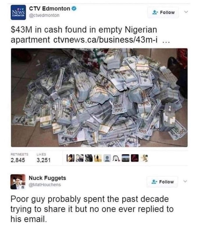 CheapskateDates's tweet photo. Makes you re-think all those Nigerian Prince emails you used to get… 👀 https://t.co/5yskJ4WknD