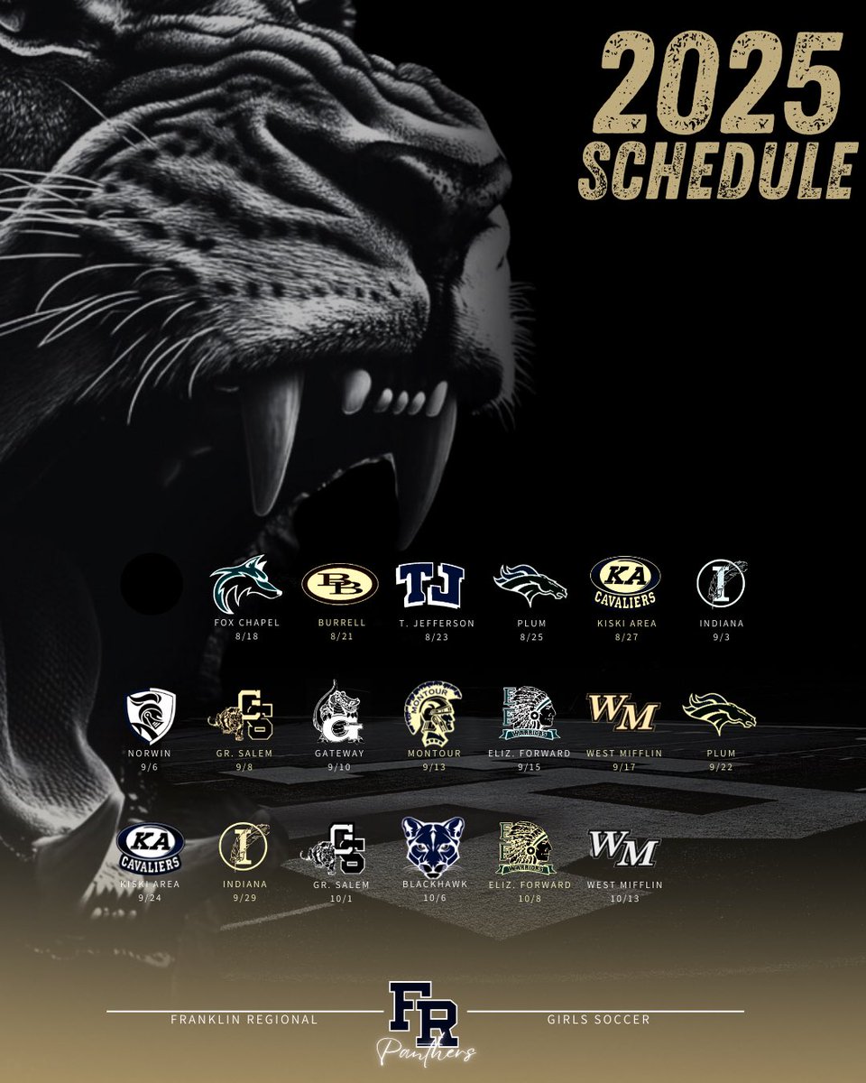 2025 Franklin Regional HS Girls Soccer (@frgirlssoccer1) on Twitter photo Save the Date! Here is an early look at the FR Panthers game schedule this coming fall, 2025! <a href="/FRPantherSports/">FR Panther Sports</a> <a href="/DScott_Arnold/">Scott Arnold</a> <a href="/wearesoccershow/">We Are Soccer ⚽️</a> <a href="/pghsoccernow/">Pittsburgh Soccer Now</a> <a href="/TopDrawerSoccer/">TopDrawerSoccer</a> <a href="/PrepSoccer/">Prep Soccer ⚽️</a> <a href="/BillBeckner/">Bill Beckner</a> <a href="/TribLiveHSSN/">TribLive HSSN</a> <a href="/WestmorelandSN/">Westmoreland Sports Network</a> Save the Date! Here is an early look at the FR Panthers game schedule this coming fall, 2025! <a href="/FRPantherSports/">FR Panther Sports</a> <a href="/DScott_Arnold/">Scott Arnold</a> <a href="/wearesoccershow/">We Are Soccer ⚽️</a> <a href="/pghsoccernow/">Pittsburgh Soccer Now</a> <a href="/TopDrawerSoccer/">TopDrawerSoccer</a> <a href="/PrepSoccer/">Prep Soccer ⚽️</a> <a href="/BillBeckner/">Bill Beckner</a> <a href="/TribLiveHSSN/">TribLive HSSN</a> <a href="/WestmorelandSN/">Westmoreland Sports Network</a>