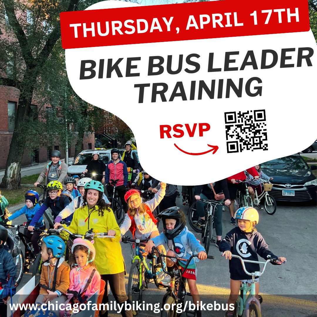 📣 Now recruiting Bike Bus Leaders 📣

Chicago Family Biking is hosting a virtual training for current and prospective Bike Bus Leaders on Thursday April 17th!  

Find out more/Register at chicagofamilybiking.org/bikebus