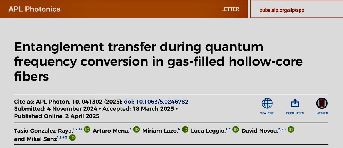 Mikel Sanz (@qmisanz) on Twitter photo Our new paper "Entanglement transfer during quantum frequency conversion in gas-filled hollow-core fibers" was published this week in APL Photonics. Great work by <a href="/tgonzalezraya/">Tasio Gonzalez-Raya</a>, Arturo Mena and Miriam Lazo. doi.org/10.1063/5.0246… <a href="/upvehu/">UPV/EHU</a> <a href="/BCAMBilbao/">BCAM</a> <a href="/Ikerbasque/">Ikerbasque</a> <a href="/NquireC/">NQUIRE Center</a> Our new paper "Entanglement transfer during quantum frequency conversion in gas-filled hollow-core fibers" was published this week in APL Photonics. Great work by <a href="/tgonzalezraya/">Tasio Gonzalez-Raya</a>, Arturo Mena and Miriam Lazo. doi.org/10.1063/5.0246… <a href="/upvehu/">UPV/EHU</a> <a href="/BCAMBilbao/">BCAM</a> <a href="/Ikerbasque/">Ikerbasque</a> <a href="/NquireC/">NQUIRE Center</a>