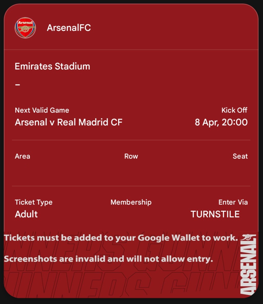 🚨COMPETITION TIME!🚨

Two tickets for <a href="/Arsenal/">Arsenal</a> v <a href="/realmadrid/">Real Madrid C.F.</a> in the <a href="/ChampionsLeague/">UEFA Champions League</a> up for grabs!

To be in with a chance, all you have to do is:

✅FOLLOW
✅LIKE
✅REPOST
✅TAG A MATE

Closes 8pm Monday April 7.
Tickets will be sent as PDFs.

🤞