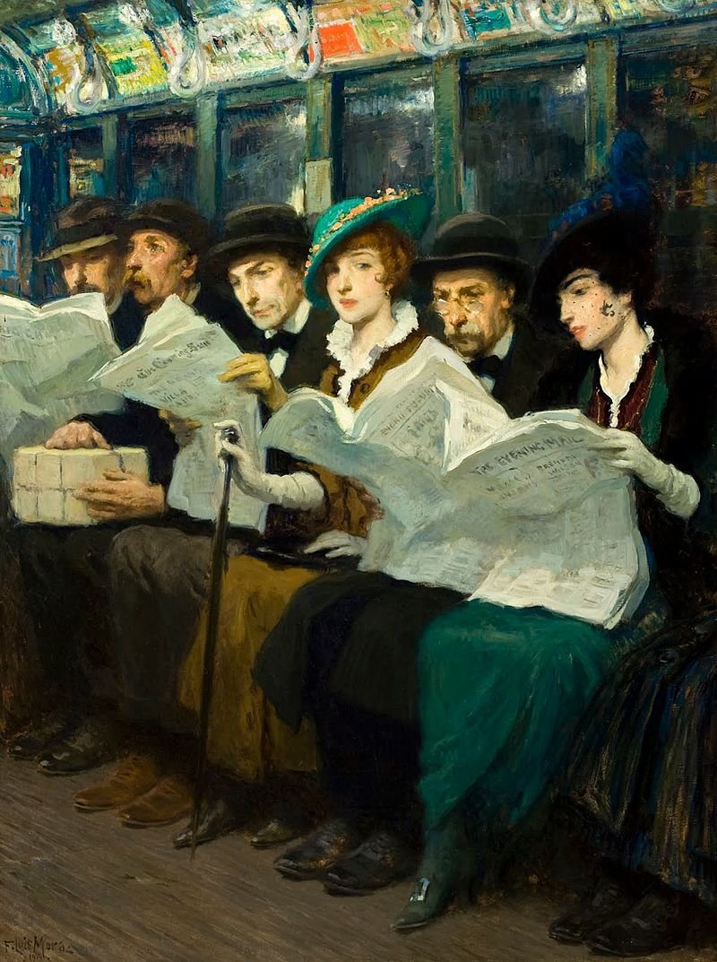 F. Luis Mora
(Uruguay, 1874 - Estados Unidos, 1940)
"Viajeros del Metro en Nueva York", o "Las noticias de la tarde", 1914
Óleo sobre tela