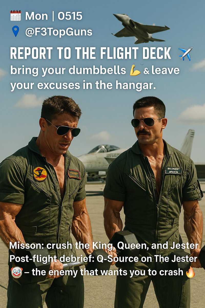 🗓️ Mon | 0515
📍 <a href="/F3TopGuns/">F3TopGuns</a> 
Report to the flight deck🛫 bring your dumbbells💪 &amp; leave your excuses in the hangar. After our mission, we’ll debrief with a Q-Source chat on The Jester🤡the enemy that wants you to crash and burn🔥
<a href="/F3Omaha/">F3Omaha</a> #TopGuns #JestDoIt #Accelerate