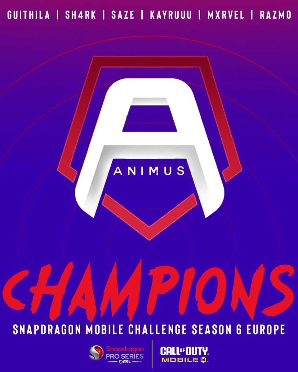 ESL COD: Mobile (@eslcodm) on Twitter photo BACK TO BACK SEASONS FOR THE 🇫🇷 🇫🇷
Animus are your <a href="/Snapdragon/">Snapdragon</a> Mobile Challenge Season 6 Europe Champions!
#SnapdragonProSeries #CODMEsports #BeAnimus BACK TO BACK SEASONS FOR THE 🇫🇷 🇫🇷
Animus are your <a href="/Snapdragon/">Snapdragon</a> Mobile Challenge Season 6 Europe Champions!
#SnapdragonProSeries #CODMEsports #BeAnimus