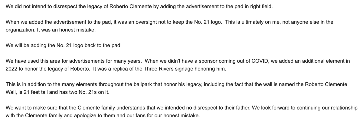 The Pirates have released another statement on the team's decision to cover a Roberto Clemente tribute logo with an advertisement, this one coming from team president Travis Williams. The logo will be added back to the wall.