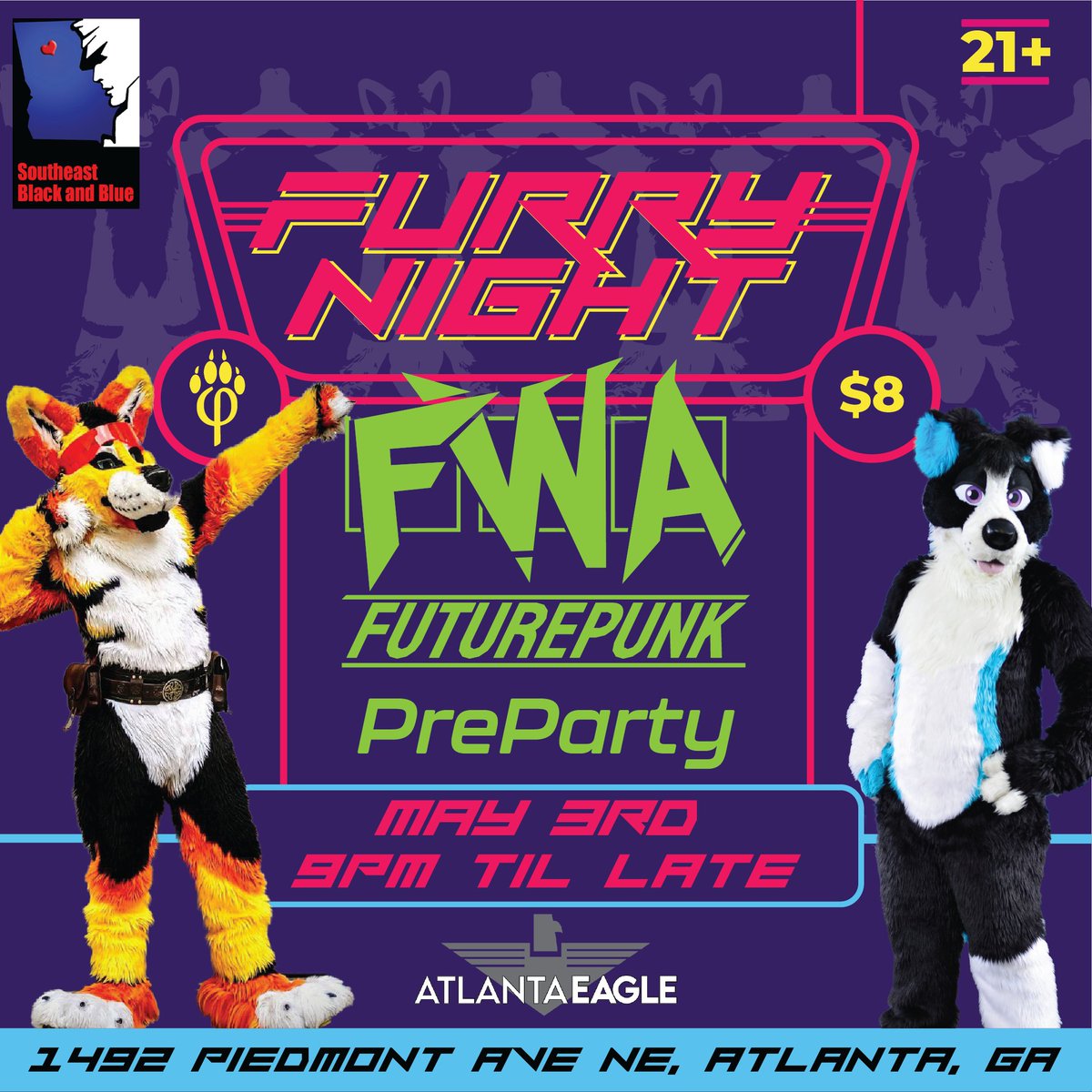 Southeast Black&Blue (@seblackandblue) on Twitter photo Our next Furry Night with <a href="/AtlantaEagle/">Atlanta Eagle</a> will be Saturday May 3rd - Its time to Preparty for Furry Weekend Atlanta! Our next Furry Night with <a href="/AtlantaEagle/">Atlanta Eagle</a> will be Saturday May 3rd - Its time to Preparty for Furry Weekend Atlanta!