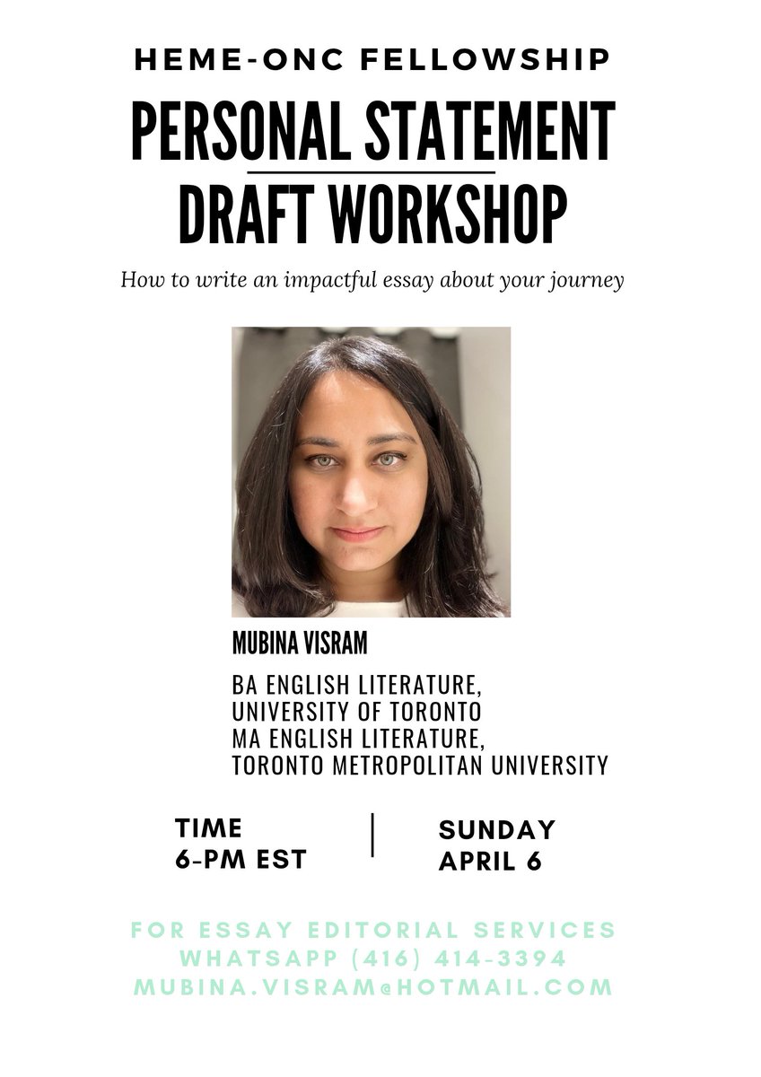 hemeoncfellow's tweet image. #Medtwitter
A good personal statement can be a game changer!
Learn how to write an impactful #hemeonc fellowship personal statement.
📅 Sunday , April 6th
⏰️ 6 PM EST
✅️ Link - us06web.zoom.us/j/81750657636?…
@HemOncFellows
@ASH_hematology
@ASCO
@ASCOTECAG
@IMG_Oncologists