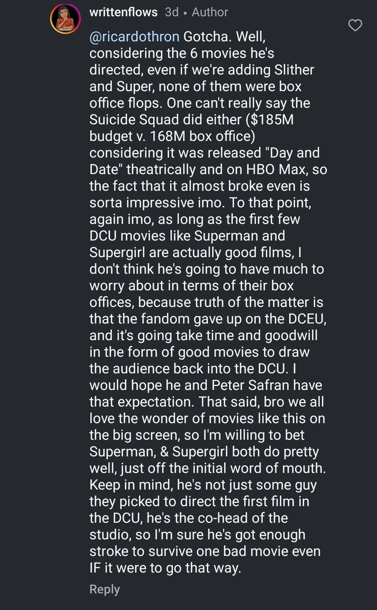 WrittenFlows's tweet image. From IG, in response to someone saying  @JamesGunn Superman will flop based off of his box office history:
#WrittenFlows #Superman    #HowSway