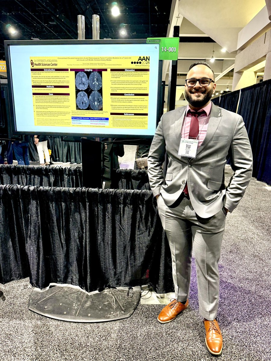 Day 2 of #AAN2025 Our PGY-4 Dr. Raman Singh presented a fascinating pediatric stroke case involving elevated lipoprotein(a) and a heterozygous Factor V Leiden mutation. Proud of our residents pushing the boundaries of neurovascular science! #OUNeurology #NeuroTwitter #Stroke