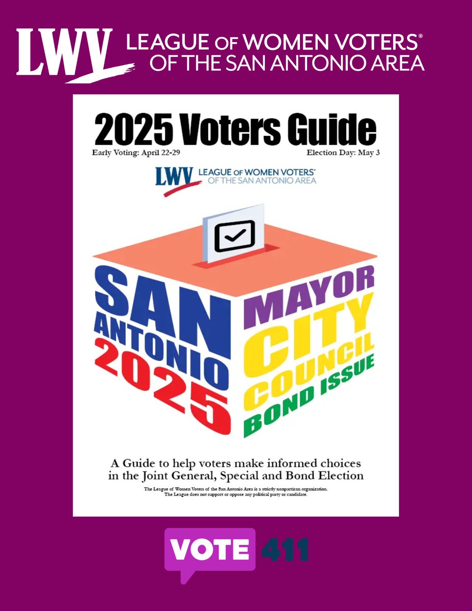 Our 2025 nonpartisan Voters Guide is now LIVE! Read responses from candidates on vote411.org or find one of our PDF versions in Spanish, English, or Arabic on our website, lwvsa.org