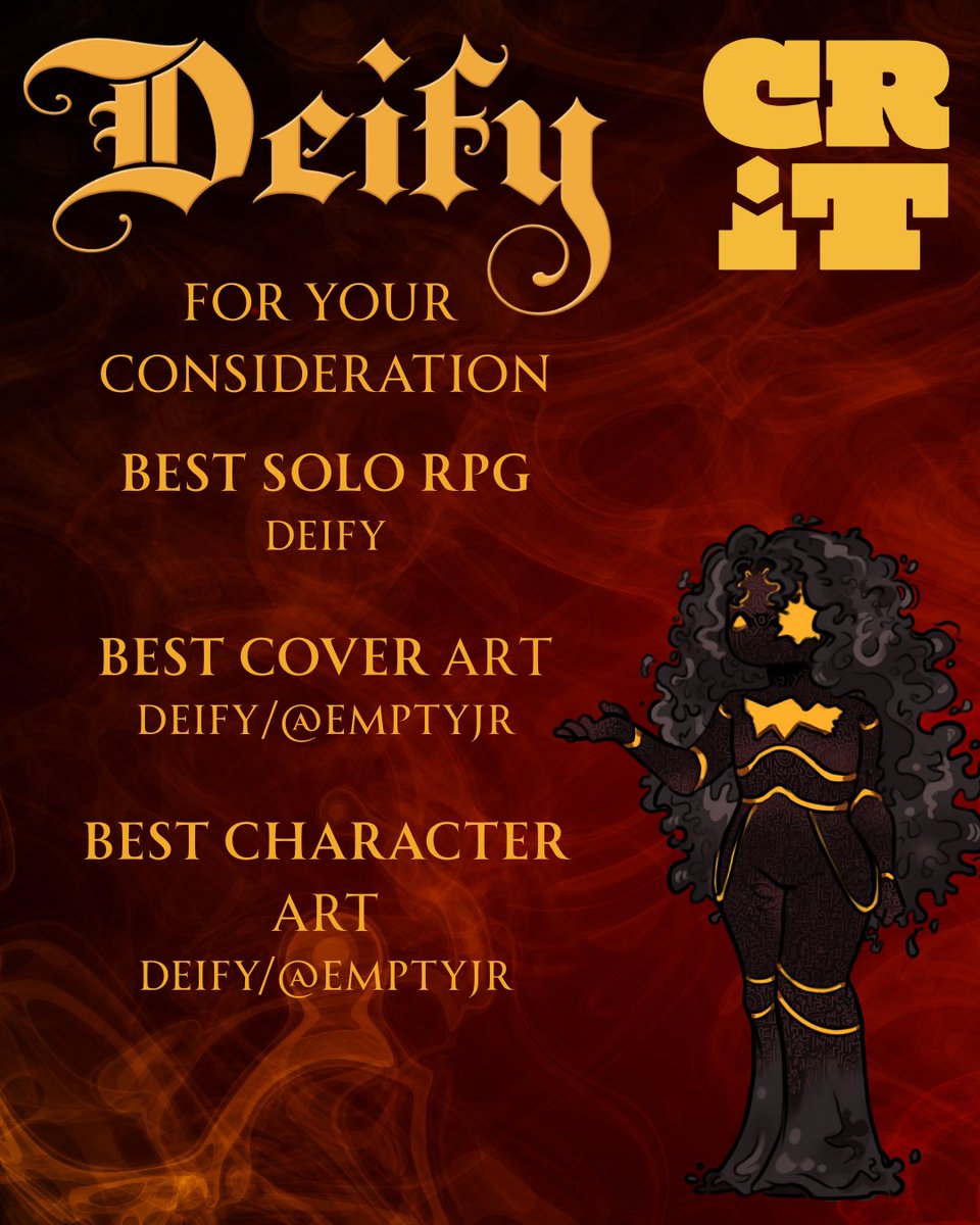 allyrda's tweet image. For those who are so inclined, please consider nominating Deify: A Mythical Solo Roleplaying Game and/or @Empty_jr for the CRIT awards
(thank you coccag_ for the gorgeous new art of the god from Deify's Cover!