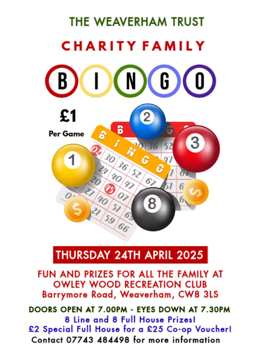 Come and join us for a fabulous bingo night on April 24th supporting our efforts to help the village whilst having fun and hopefully winning some prizes! 
#weaverham #community #bingo