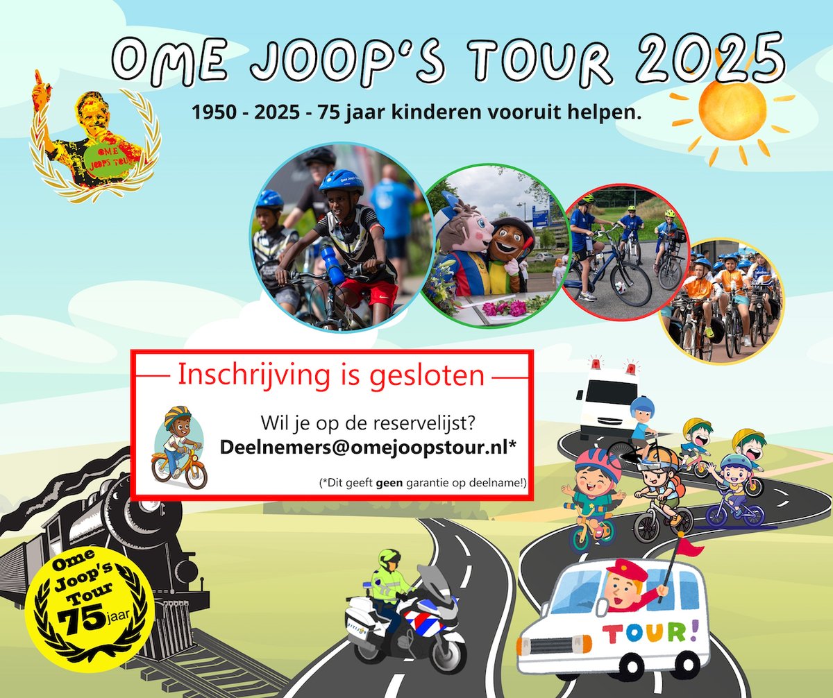 Inschrijving Ome Joop's Tour 2025 gesloten. 
Wat een geweldige belangstelling! 72 kinderen hebben zich (nu al) aangemeld voor deelname aan de 75e editie van onze prachtige fietsvakantie!
omejoopstour.nl/nieuws/inschri…

#arnhem #ditisarnhem #ojt2025 <a href="/gemeentearnhem/">Gemeente Arnhem</a>