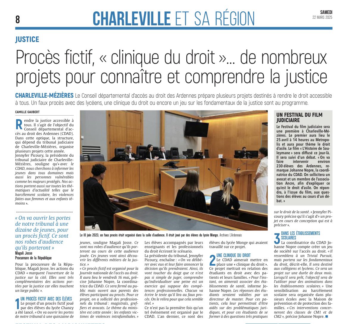 📣CDAD des Ardennes: de nombreux projets pour connaître &amp; comprendre la Justice
➡️Procès fictif🏛️
➡️Clinique du droit
➡️Intervention dans les établissements scolaires &amp; accueil d’élèves 
➡️Festival du film judiciaire🎬
Des actions d’accès au droit pour informer nos concitoyens ⚖️
