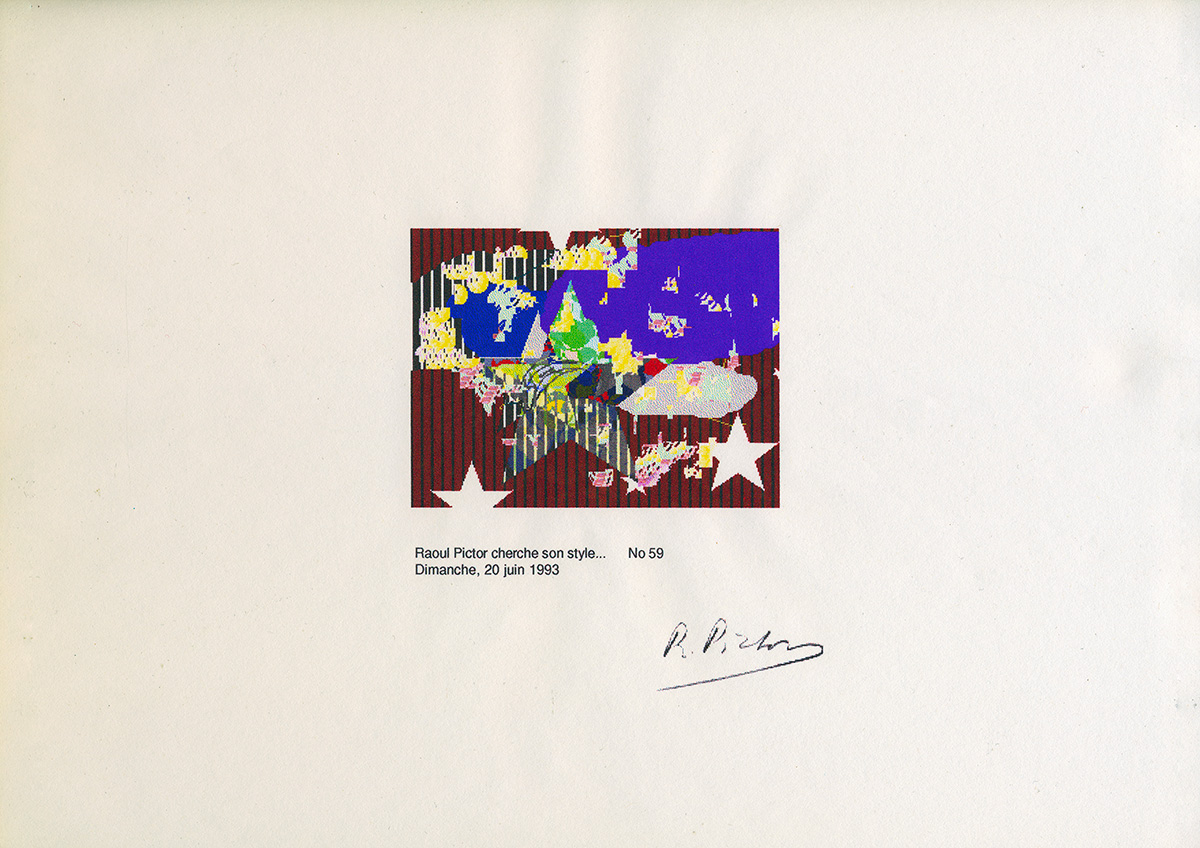 The Swiss Game of the week is Raoul A. Pictor cherche son style (Hervé Graumann , 1993). This game simulates the life of an artist in his studio. You won't see what Raoul paints, but once finished, you get the chance to see it by printing it out on your printer. Ever heard of it?