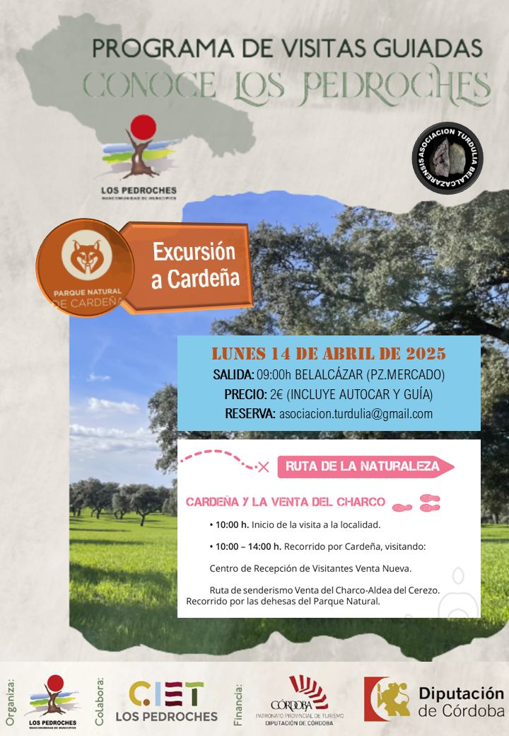☝️¿Te apetece una #excursión para conocer #LosPedroches?

📆¡Acompáñanos este próximo lunes 14 de abril a conocer #Cardeña, la #VentadelCharco y el Parque Natural donde se grabó la película #EntreLobos!

ℹ️Precio 2€/persona. Incluye autocar, seguro y guía. Últimas plazas.