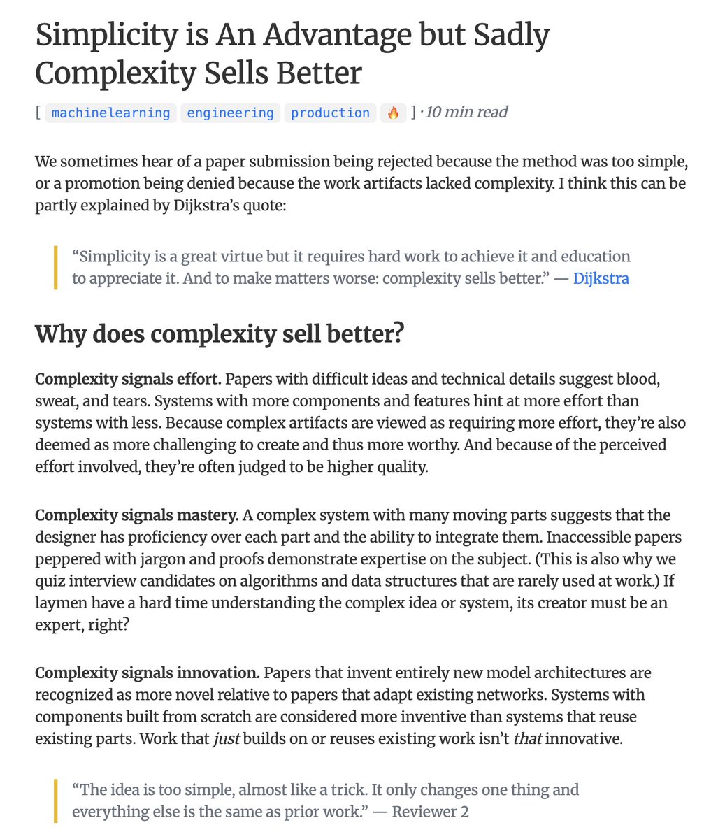 This is sadly true in the short term.

But! While playing the complexity game might help you climb the ladder briefly, it's a path that rarely leads to meaningful or satisfying work, especially if you're a genuinely good engineer. Worse, working in complexification mode for too