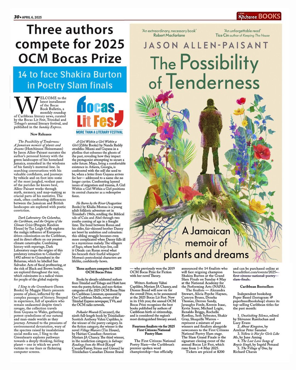 Bocas Lit Fest (@bocaslitfest) on Twitter photo Aprilās Bocas Book Bulletin features new Caribbean releases, news of the 2025 Bocas Lit Fest programme; genre winners of the OCM Bocas Prize for Caribbean Literature; March bestsellers at <a href="/paperbasedbooks/">Paper Based Bookshop</a>; and more trinidadexpress.com/features/localā¦
#bocas2025 <a href="/expressupdates/">Trinidad and Tobago Express Newspapers</a> <a href="/OCM_Group/">One Caribbean Media</a> Aprilās Bocas Book Bulletin features new Caribbean releases, news of the 2025 Bocas Lit Fest programme; genre winners of the OCM Bocas Prize for Caribbean Literature; March bestsellers at <a href="/paperbasedbooks/">Paper Based Bookshop</a>; and more trinidadexpress.com/features/localā¦
#bocas2025 <a href="/expressupdates/">Trinidad and Tobago Express Newspapers</a> <a href="/OCM_Group/">One Caribbean Media</a>