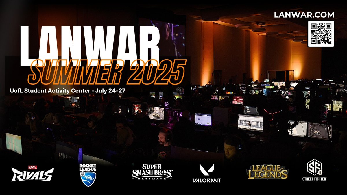 Lanwar's tweet photo. Happy Sunday, gamers! Just a reminder of our Summer 2025 event dates: July 24 to July 27, 2025!! We hope you're as excited as we are. Registration opening date coming tomorrow 😉
#lanwar #lanparty #lanwarnation #louisville #gaming https://t.co/w79LuIEJye