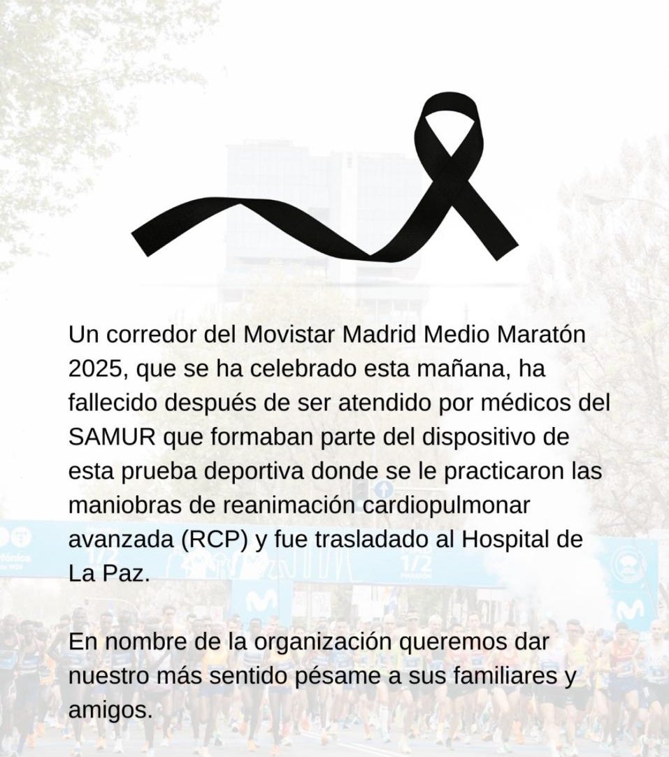 MARÍA LÓPEZ MUÑOZ (@meritele) on Twitter photo Confirman la muerte del corredor. Qué pena inmensa
#MediaMaratonMadrid Confirman la muerte del corredor. Qué pena inmensa
#MediaMaratonMadrid