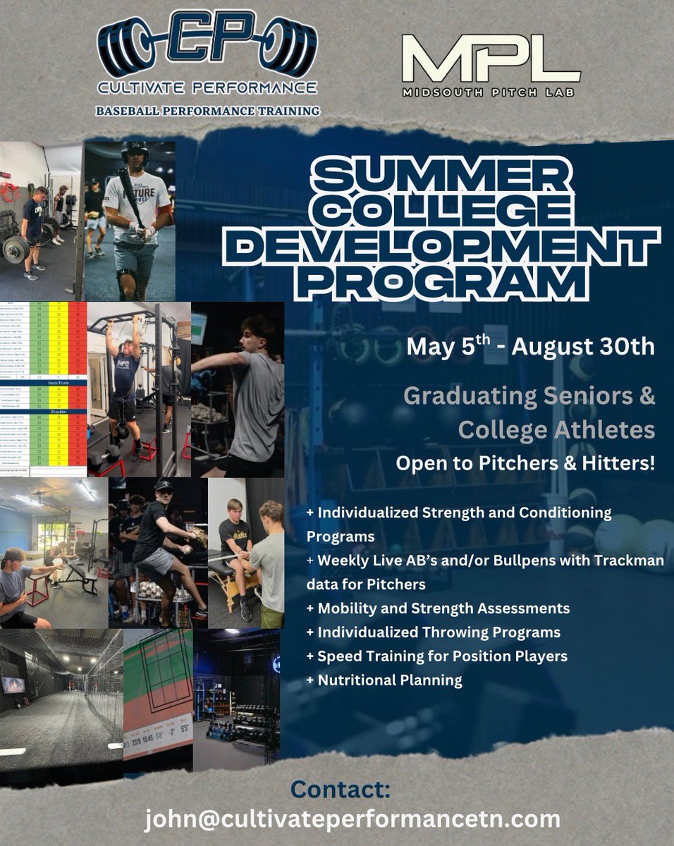 Reserve Your Spot Now‼️

Excited to announce we will be partnering with <a href="/MPL_Facility/">Midsouth Pitch Lab</a> this summer for our College Development Program.

Email john@cultivateperformancetn.com for more info or to reserve your spot👊🏻
