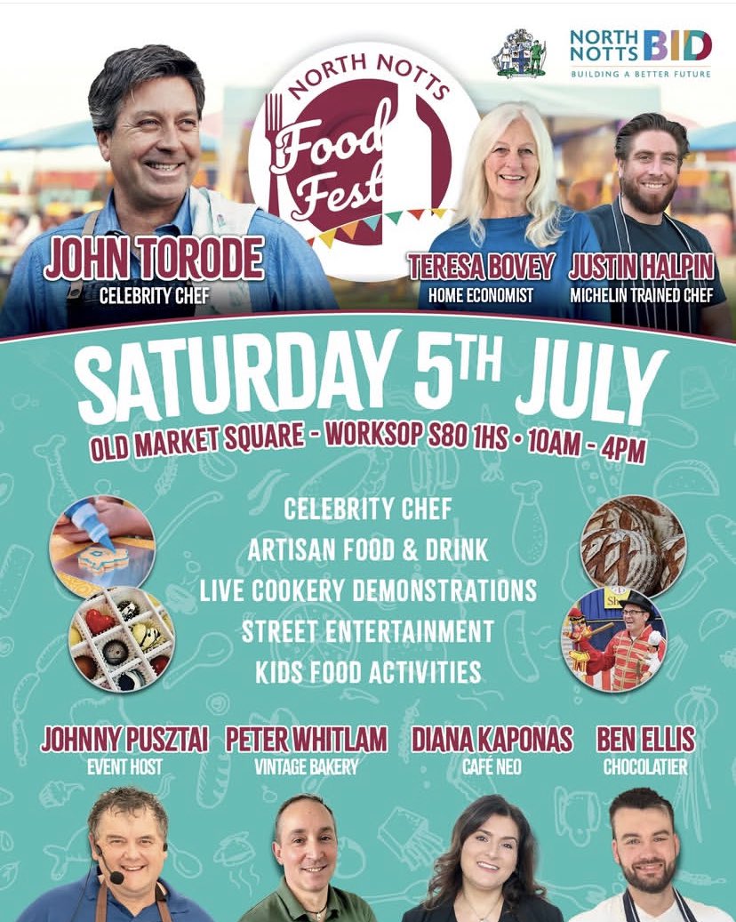 So happy to be asked back to work wiv North Notts bid at the Worksop food festival to compare the event wiv the great John Torode Justin Halpin and Teresa Bovey it will be a fantastic event so come and say hello. nuf sez avit mi duckies xx