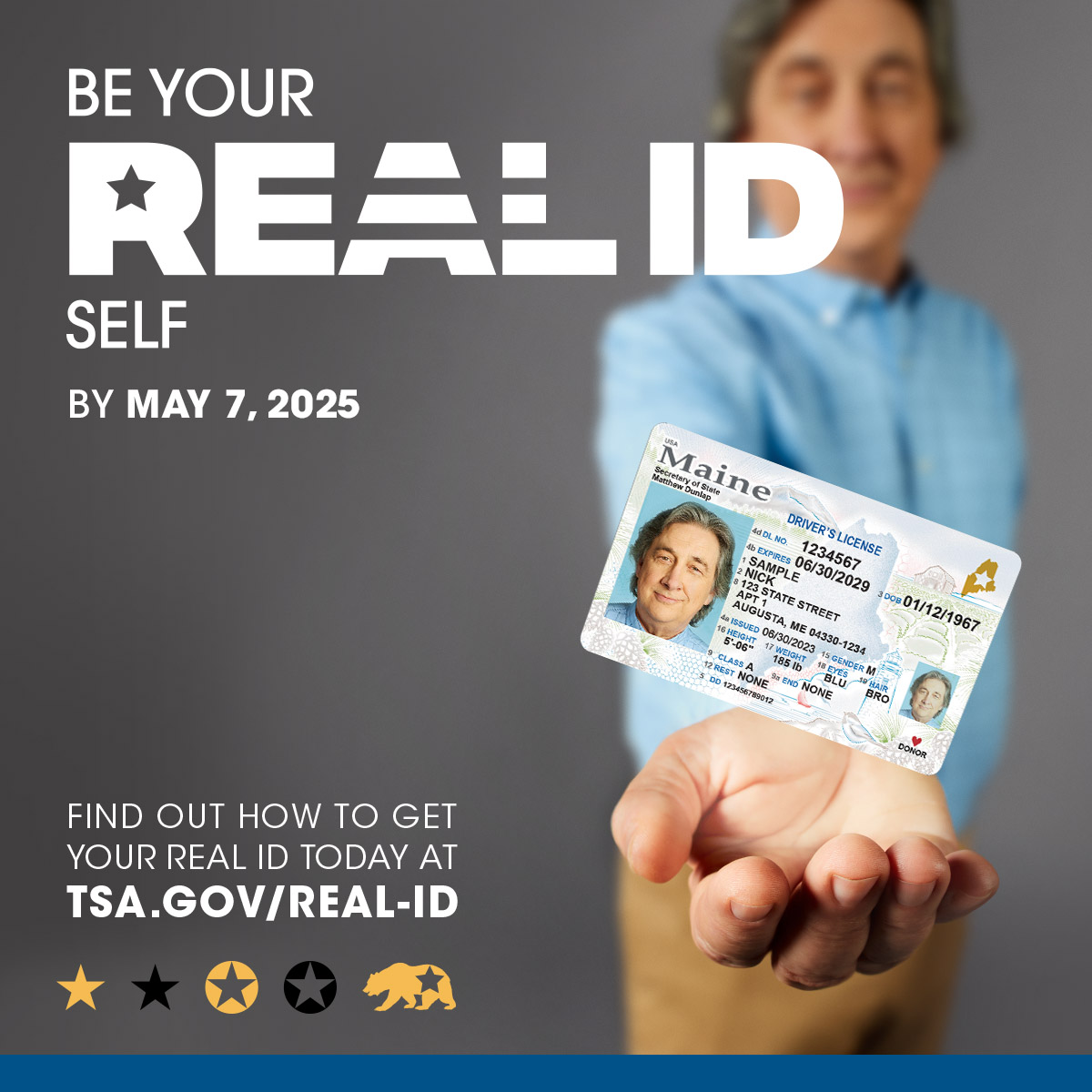 Time for a #REALID check: the deadline ​to be #REALIDready is May 7, 2025. Upgrade yourself to a REAL ID today. Visit tsa.gov/real-id to find out how.​

#REALIDself #Check4theStar
