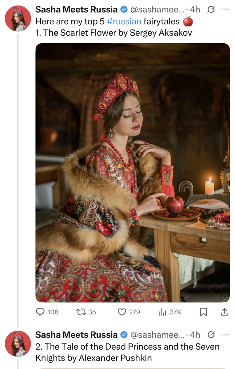 HpyNtlya's tweet photo. lol 😂 #DebunkRussianMyth 

The myth that Russia has an old culture with its own folklore dating back centuries is debunked by thay very 🇷🇺propagandist w/t any clue :) 

A 🇷🇺 propagandist recently named a list of 🇷🇺 fairy tales w/t realizing that this list actually proves the opposite. 

🇷🇺 does not have an old folklore , as it claims. All its so-called culture has been stolen or appropriated  from others . 

Not a single fairy tale is truly indigenous to 🇷🇺 folklore. None. Zero.

There is no real folklore to speak of in 🇷🇺 that reflects an authentic, centuries heritage—only borrowed and repurposed elements from its neighbors or Europe in general 

FAKE