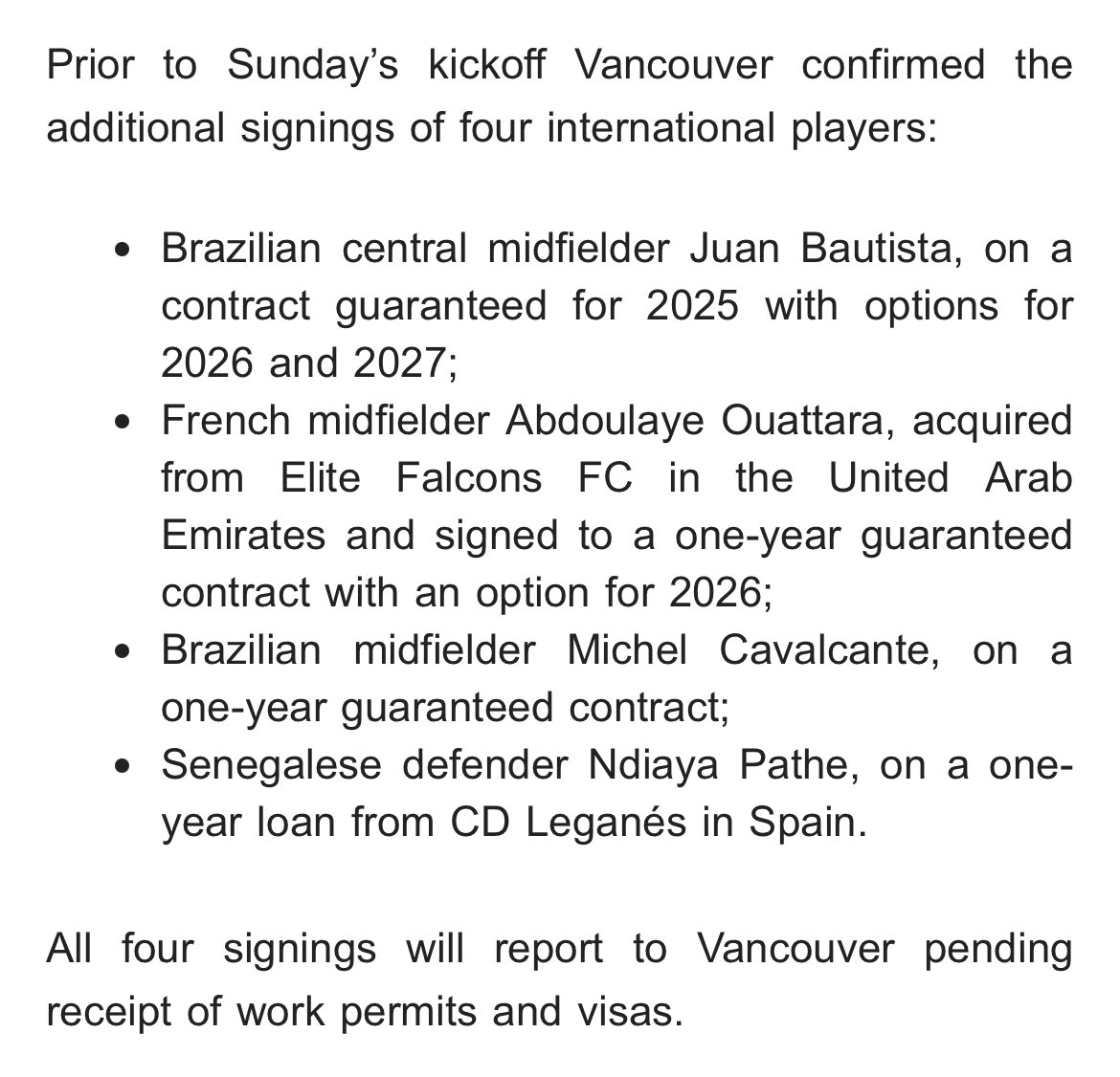 Makelevi's tweet image. Lots of @vanfootballclub international player signings - though it looks like none have arrived as of yet! 

#CanPL