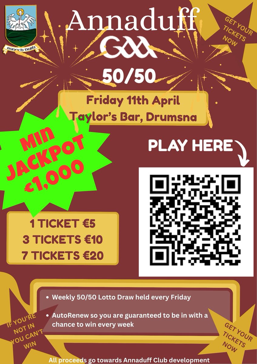 annaduffgaa's tweet photo. ‼️50/50 11th April - min Jackpot €1000‼️
Get all the latest news on the Annaduff GAA app https://t.co/d5gAFZCGBa https://t.co/xzVGu5FWAq
