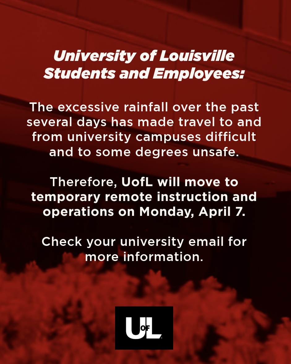 UofL will move to temporary remote instruction and operations on Monday, April 7.

More information: uofl.me/4iSVLCA