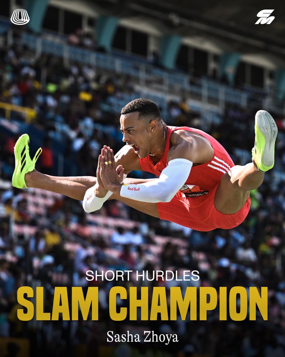 CitiusMag's tweet image. Locked IN and sewn up!! 🏆
Sasha Zhoya shows off impressive speed (and flexibility 🤣) with a victory in the 100m and a runner-up finish in the 110H, becoming the first @grandslamtrack men’s Short Hurdles slam champion.