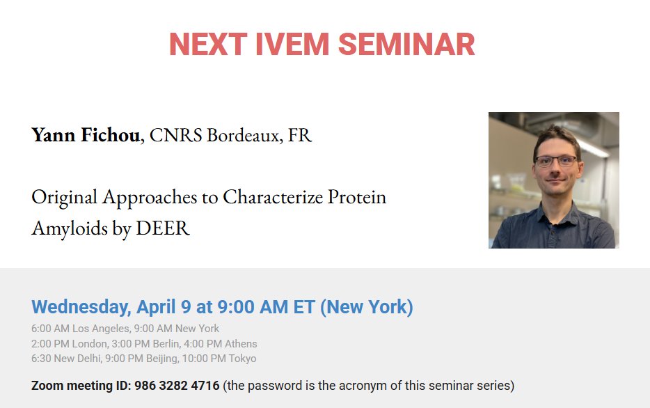 IVEM_meeting (@ivem_meeting) on Twitter photo How do we disclose the structure of elusive protein amyloids? Donāt miss Yann Fichou on April 9 at the IVEM Seminar, sharing original DEER-based approaches to this molecular mystery! <a href="/EPR_ESR/">International EPR Society</a> <a href="/european_epr/">European Federation of EPR groups (EFEPR)</a> <a href="/PEPR_Facility/">Centre for Pulse EPR Spectroscopy (PEPR)</a> <a href="/RSC_ESR/">RSC_ESR</a> <a href="/nmr900/">Magnetic Resonance News</a>
#EPR #StructuralBiology #IVEM How do we disclose the structure of elusive protein amyloids? Donāt miss Yann Fichou on April 9 at the IVEM Seminar, sharing original DEER-based approaches to this molecular mystery! <a href="/EPR_ESR/">International EPR Society</a> <a href="/european_epr/">European Federation of EPR groups (EFEPR)</a> <a href="/PEPR_Facility/">Centre for Pulse EPR Spectroscopy (PEPR)</a> <a href="/RSC_ESR/">RSC_ESR</a> <a href="/nmr900/">Magnetic Resonance News</a>
#EPR #StructuralBiology #IVEM