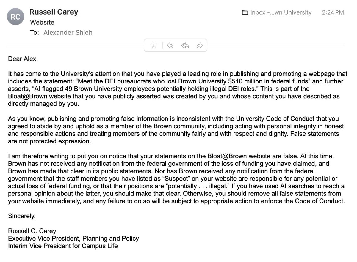 Alex Shieh (@alexkshieh) on Twitter photo .<a href="/BrownUniversity/">Brown University</a>'s Russell Carey just threatened me with disciplinary action for saying DEI cost Brown $510M in federal funds, calling this claim "false." Then the <a href="/WhiteHouse/">The White House</a> confirmed it.
Here's their letter. You decide who looks ridiculous. .<a href="/BrownUniversity/">Brown University</a>'s Russell Carey just threatened me with disciplinary action for saying DEI cost Brown $510M in federal funds, calling this claim "false." Then the <a href="/WhiteHouse/">The White House</a> confirmed it.
Here's their letter. You decide who looks ridiculous.