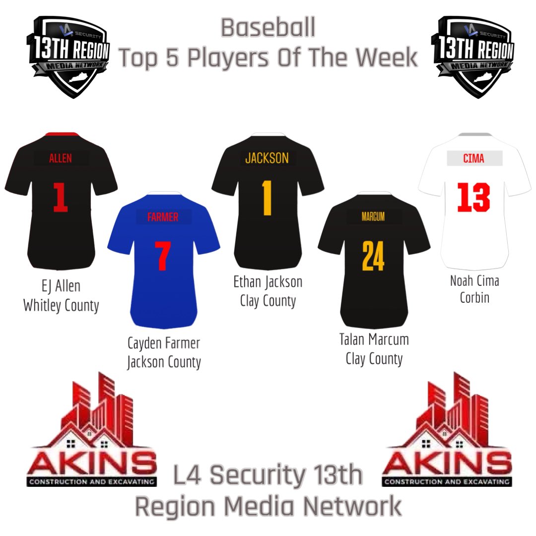 AKINS Construction &amp; Excavating 13th Region Baseball Top 5 Players of the Week.