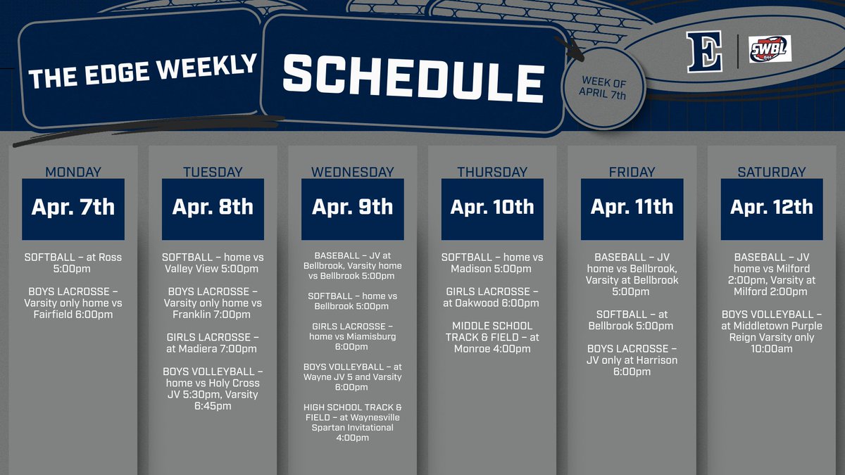 TheEdge_Athletics (@theedgeathletic) on Twitter photo Edgewood Weekly Sporting Events. @swblsports @swosportsdaily @thereportohio @edgewoodathlet1 #THEEDGE Edgewood Weekly Sporting Events. @swblsports @swosportsdaily @thereportohio @edgewoodathlet1 #THEEDGE