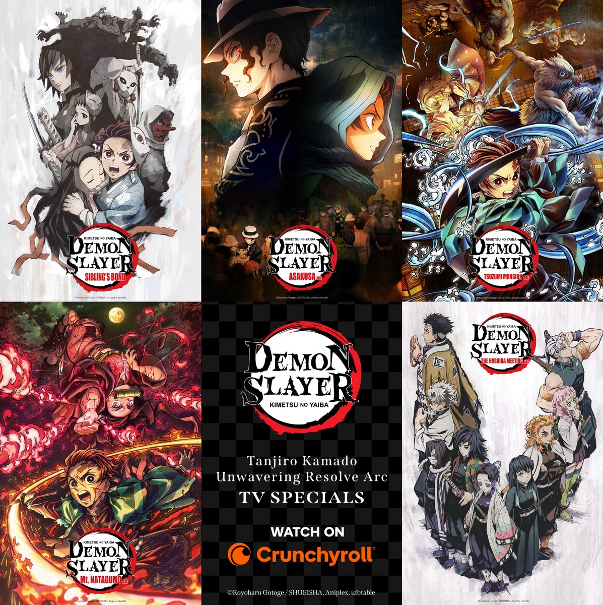 To celebrate the 6th Anniversary of Demon Slayer: Kimetsu no Yaiba, all five TV specials of the Tanjiro Kamado, Unwavering Resolve Arc are streaming now on @crunchyroll 🎉

⚔️ Sibling's Bond
⚔️ Asakusa Arc
⚔️ Tsuzumi Mansion Arc
⚔️ Mt. Natagumo Arc
⚔️ Hashira Meeting Arc