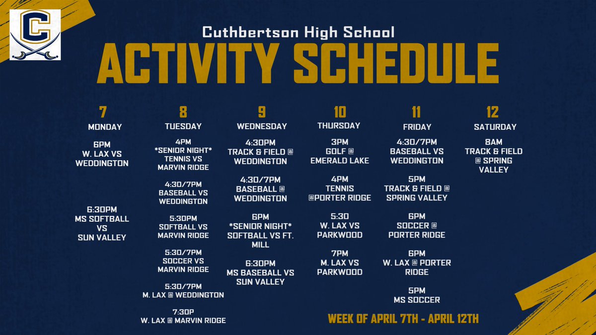 Great week ahead for our CAVS athletes. Come out and support! 
#riseasone
<a href="/AGHoulihan/">Andrew G. Houlihan</a> 
<a href="/CuthbertsonHSNC/">Cuthbertson High School</a> 
<a href="/UCPSNCAthletics/">UCPS NC Athletics</a>