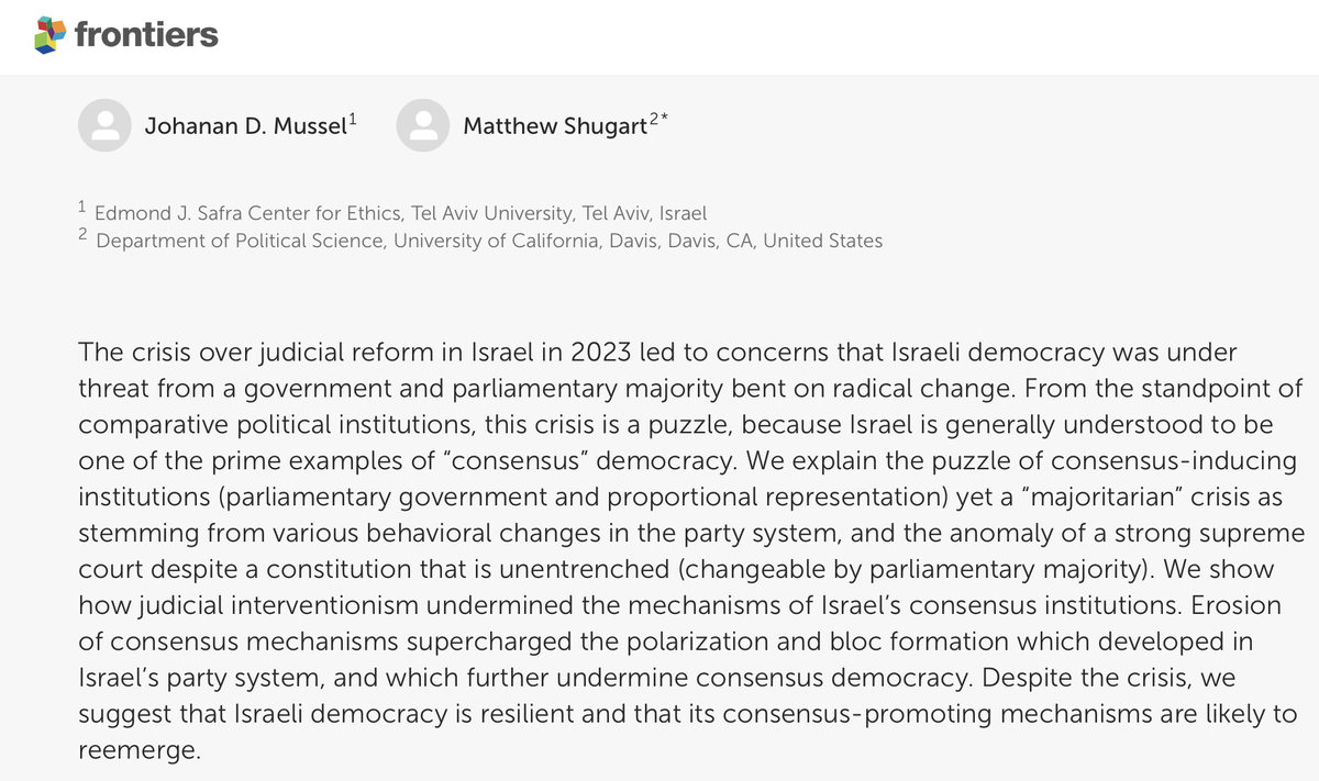 laderafrutal's tweet image. Just published in Frontiers in Political Science!
"Majoritarian politics in a consensus democracy: how judicialization of politics helped lay bare the contradictions of Israel’s constitution," by Johanan D. Mussel (@MadisonDilemma) & me.
frontiersin.org/journals/polit…