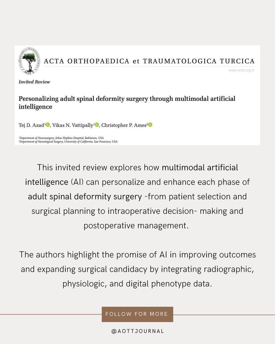 This review dives into how multimodal AI can transform adult spinal deformity surgery—from smarter patient selection to intraoperative decision support and beyond.
→ AI is helping spine surgeons personalize care like never before.
#SpineSurgery #ArtificialIntelligence